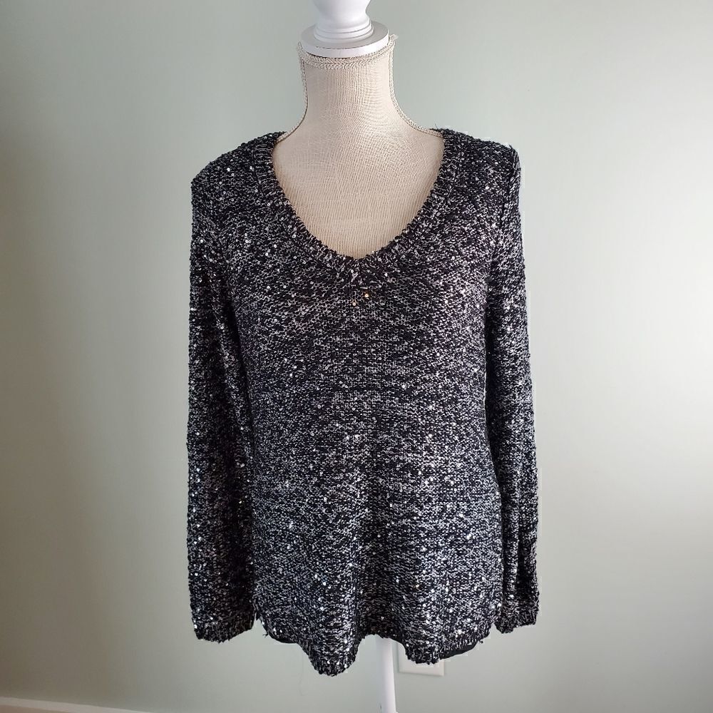 APT 9 WOMEN'S SWEATER SIZE LARGE PETITE LONG SLEEVE FULLY LINED BLACK AND GRAY